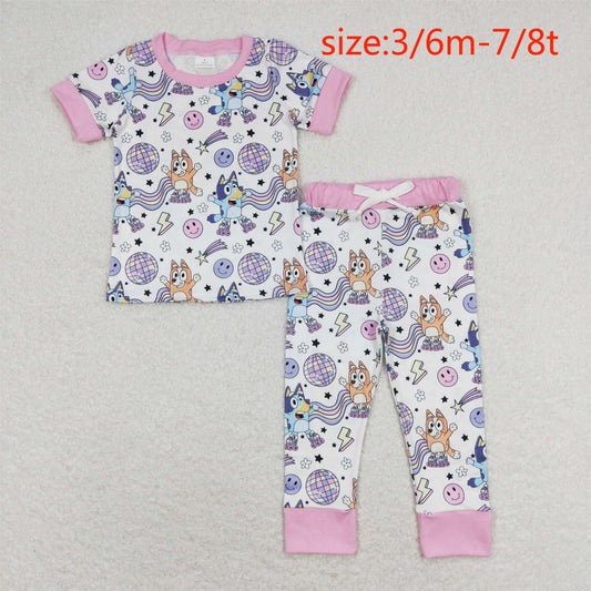 rts no moq GSPO1508 bluey light ball smiley face lightning pink white short-sleeved trousers pajama suit