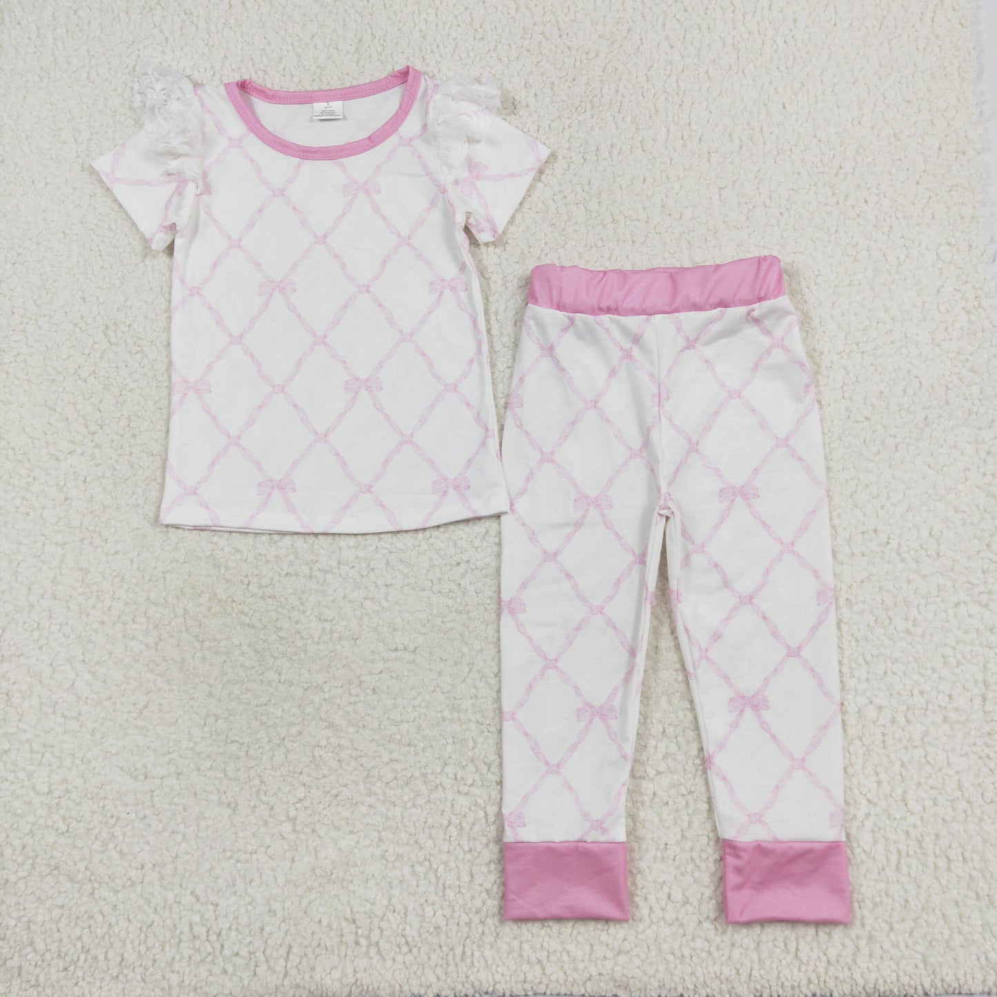 bamboo RTS NO MOQ GSPO1517 Modal bow pattern pink and white short-sleeved trousers pajamas set