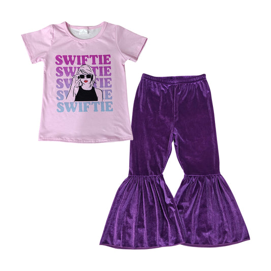 GT0505+P0385 taylor swift short sleeve top Purple gold velvet trousers