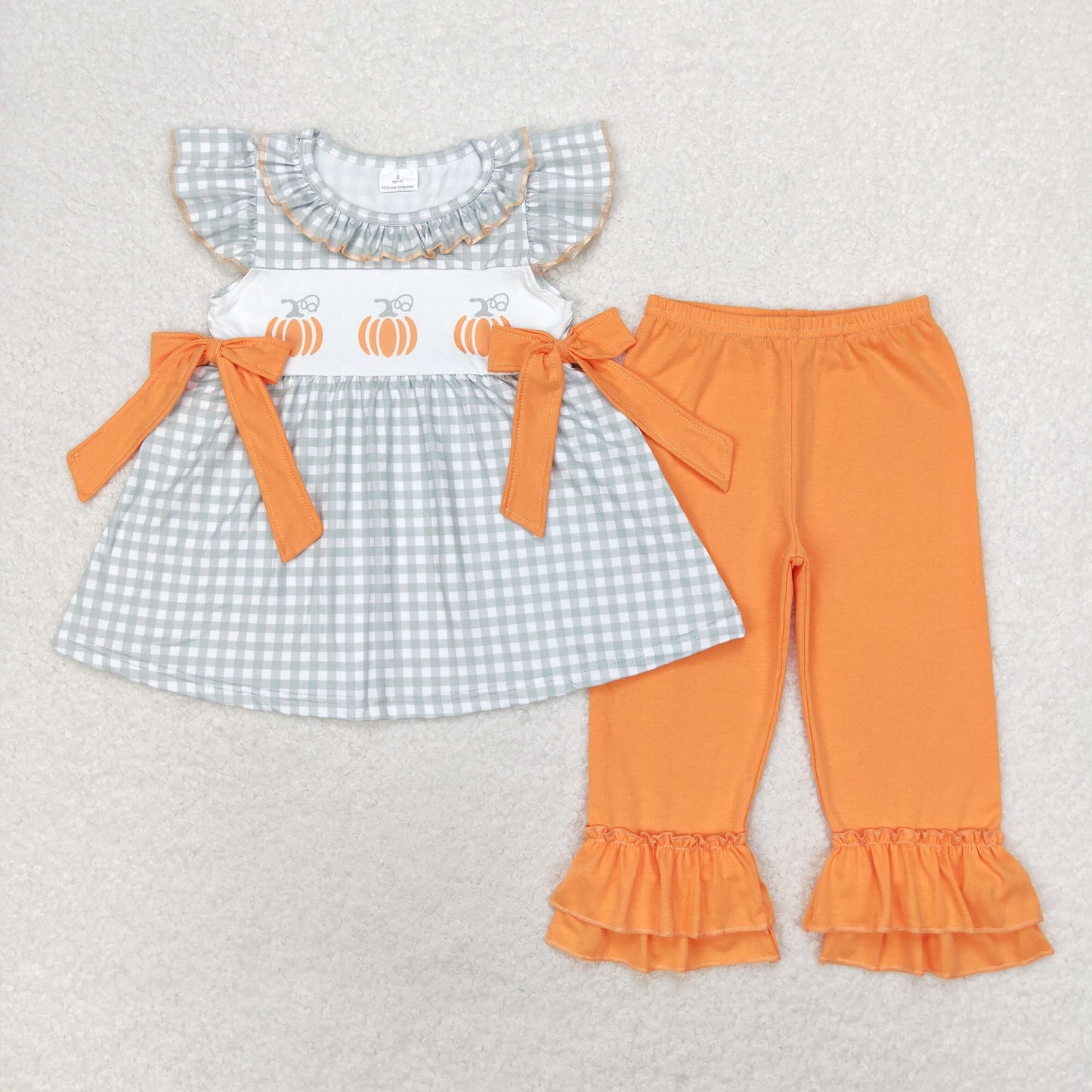 RTS NO MOQ GSPO1533 pumpkin orange bow green plaid flying sleeve trousers set