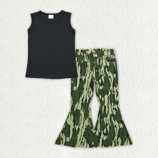 GT0419+P0372 Pure black girls sleeveless top Camouflage Army Green Denim Trousers