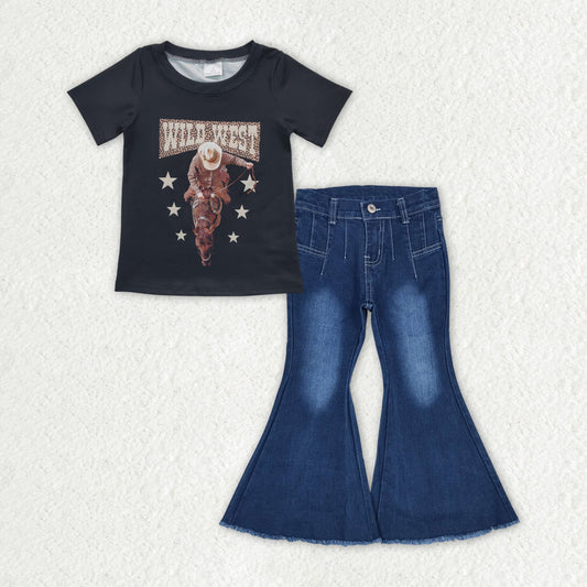 GT0152+P0457 Girls WILD WEST Horse Riding Black Short Sleeve Top Raw edge bleached blue bootcut denim trousers