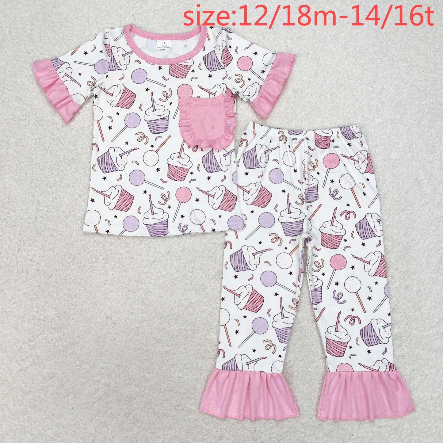 RTS NO MOQ GSPO1575 Birthday candle cake pink lace pocket short-sleeved long pants pajamas set