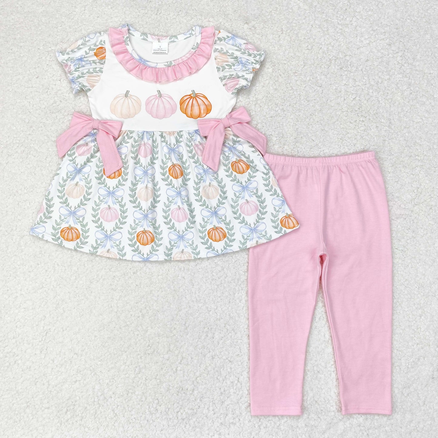 RTS NO MOQ GSPO1601 Pumpkin leaf pink lace bow short-sleeved trousers set