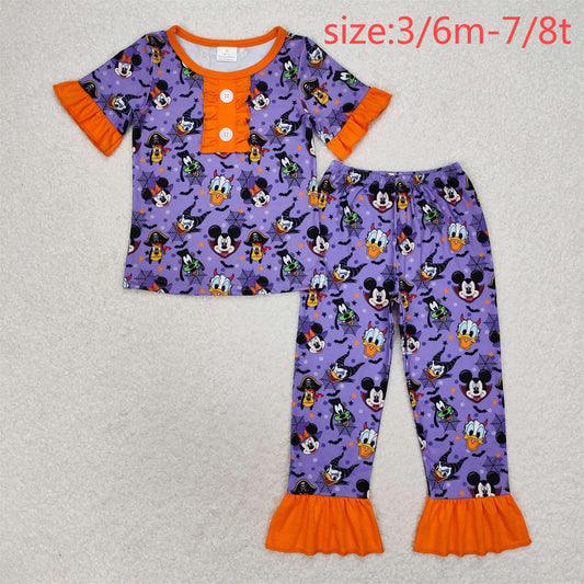 RTS NO MOQ GSPO1608 Halloween Mickey Donald Duck purple and orange lace short-sleeved long pants pajama set