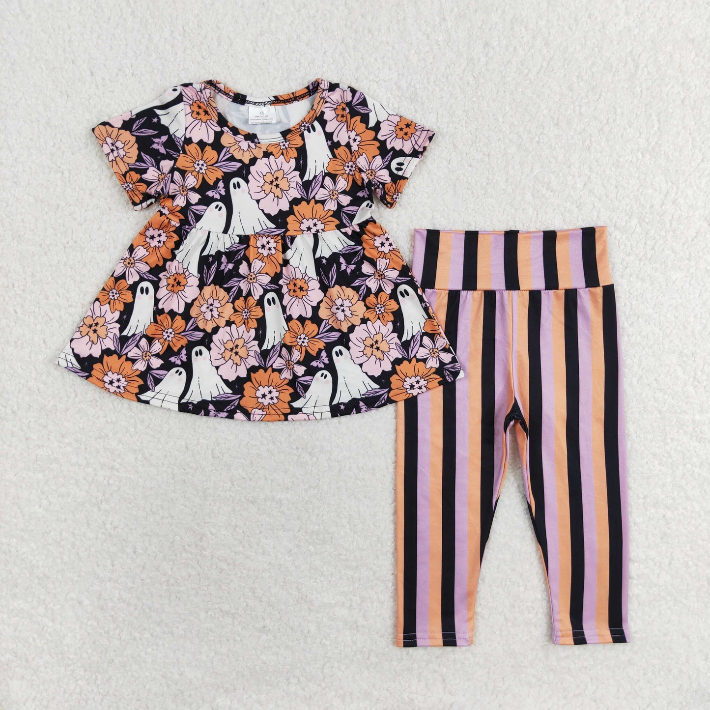 RTS NO MOQ GSPO1617 Flower ghost short-sleeved purple orange black striped trousers suit