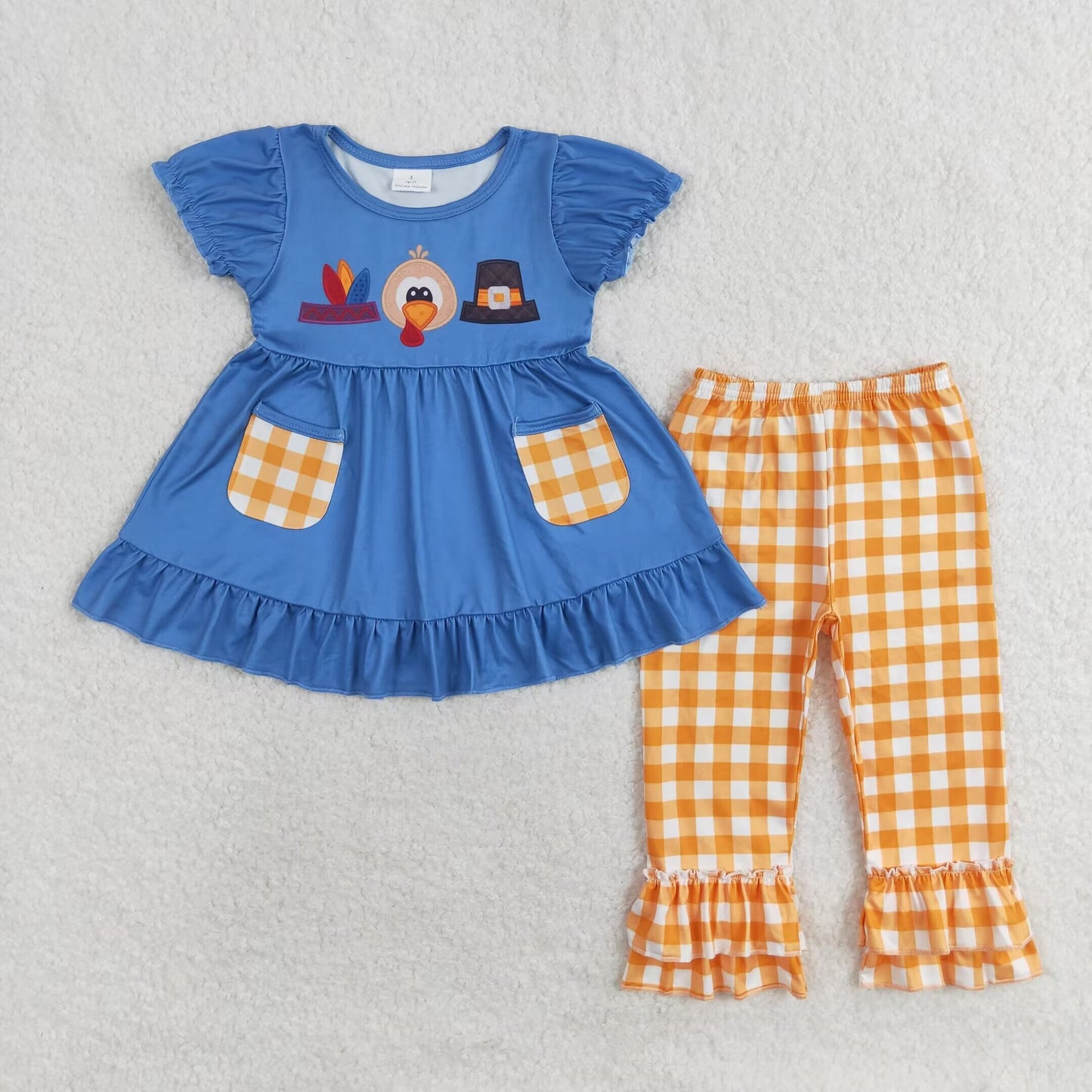 RTS no moq GSPO1643 Turkey Hat Pocket Blue Short Sleeve Yellow Plaid Pants Set