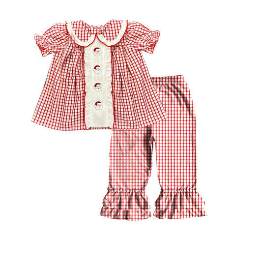 NO MOQ sales GSPO1654 baby girls clothes Christmas red grid short sleeve red grid pants sets -2024.7.11