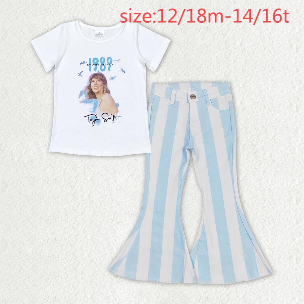 rts no moq  GT0531+P0469 1989 Taylor Swift white short-sleeved top Blue and white striped denim trousers sets