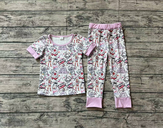 NO MOQ sales GSPO1656 baby girls clothes taylor swift purple short sleeve pants sets