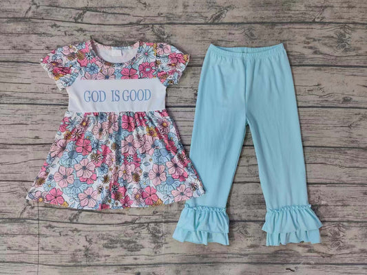 NO MOQ sales GSPO1658 pre-order baby girls clothes embroidery floral short Sleeve pants Suit