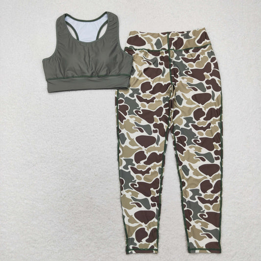 rts no moq GSPO1665 Adult female green vest camouflage pants yoga suit