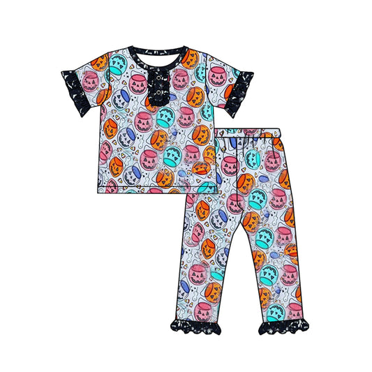 NO MOQ sales GSPO1667 pre-order baby girls clothes pumpkin short Sleeve pants Suit -2024.7.25