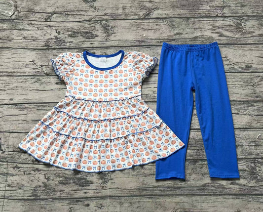 NO MOQ sales GSPO1678 baby girls clothes pumpkin short sleeve blue pants sets