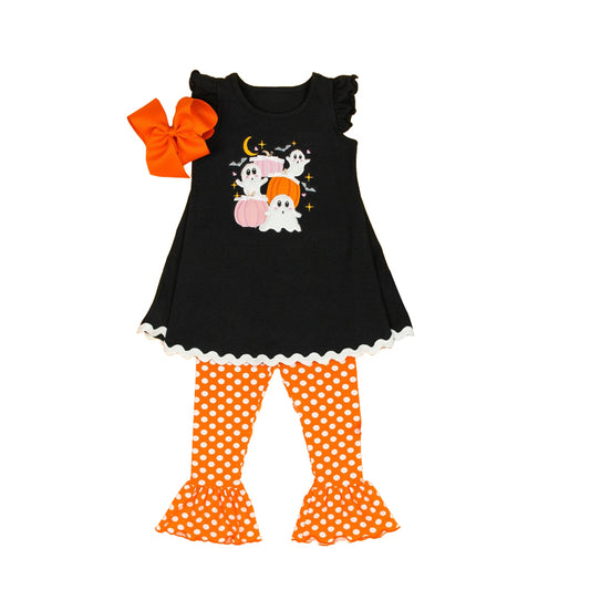 NO MOQ sales GSPO1680 baby girls clothes pumpkin ghost black short sleeve orange pants sets -2024.8.9