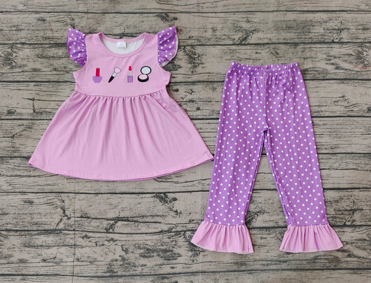 NO MOQ sales GSPO1682 pre-order baby girls clothes purple flying sleeve pants sets