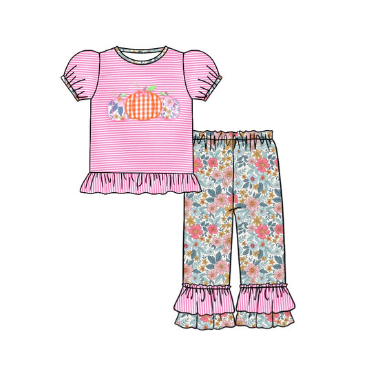 NO MOQ sales GSPO1689 pre-order baby girls clothes pumpkin floral pink short sleeve pants sets -2024.7.29