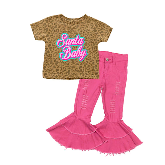 no moq GSPO1693 pre-order baby girls clothes Santa baby leopard Short Sleeve Top Pink denim jeans sets-2024.8.2