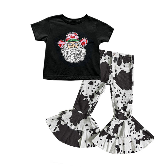 no moq GSPO1694 pre-order baby girls clothes Christmas Santa Claus black Short Sleeve Top denim jeans sets-2024.8.2