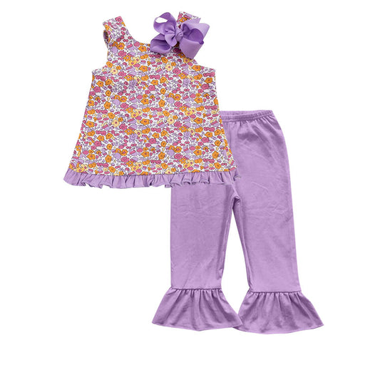 NO MOQ sales GSPO1695 pre-order baby girls clothes purple floral sleeveless sleeve rose red pants sets -2024.8.5