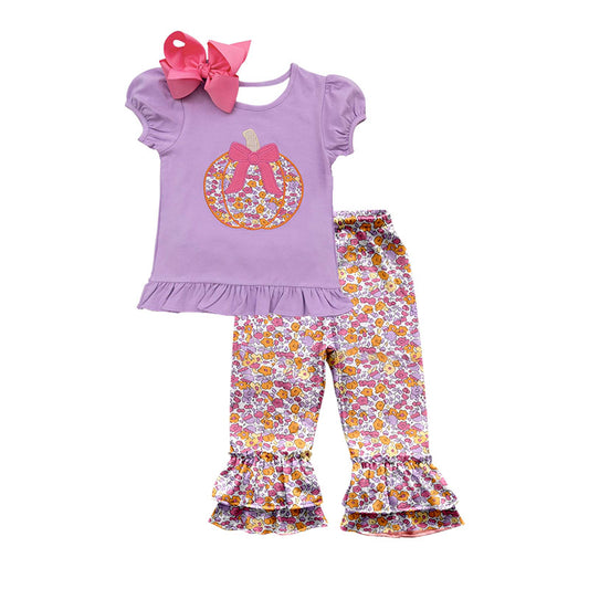 NO MOQ sales GSPO1696 pre-order baby girls clothes purple floral bow short sleeve pants sets -2024.8.5