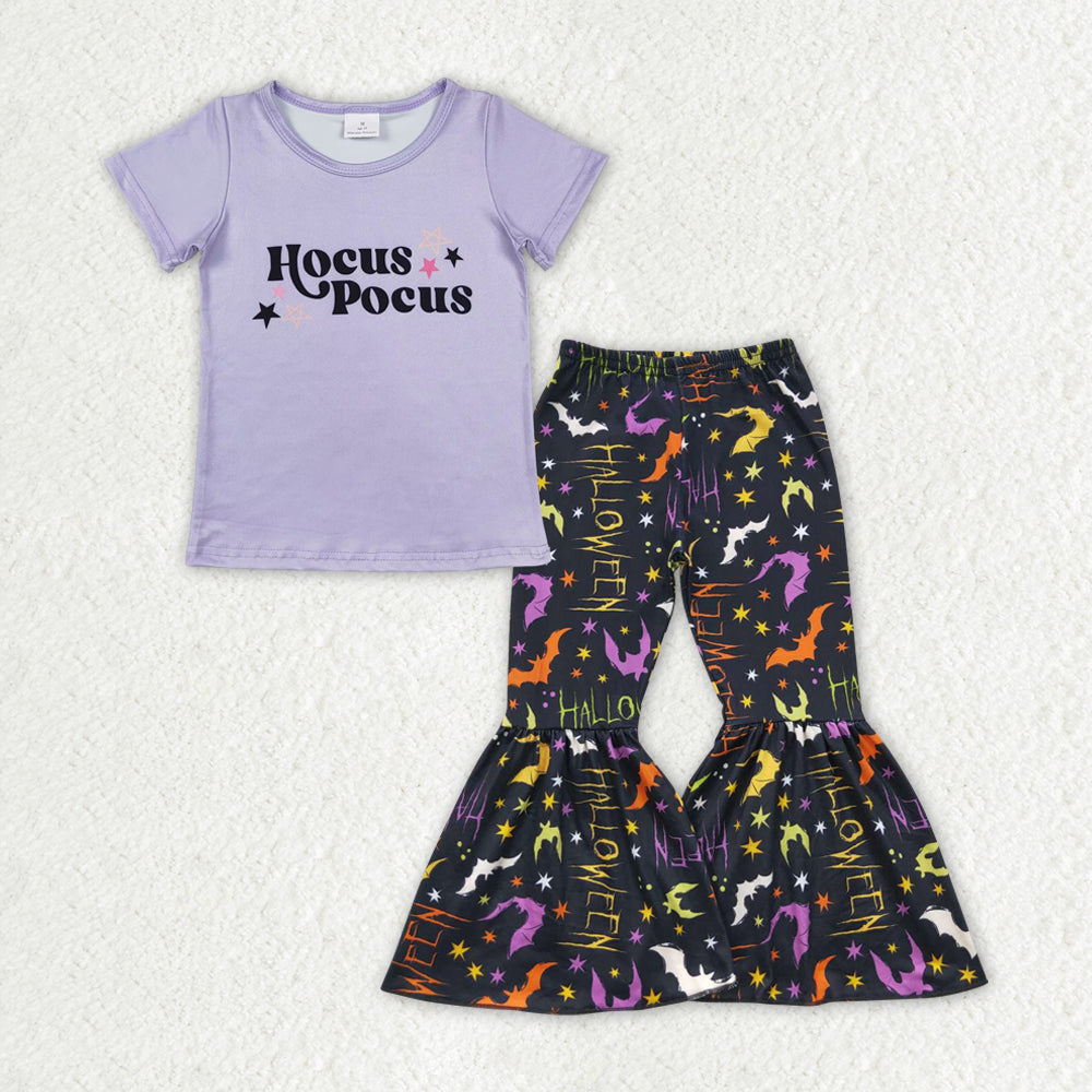 RTS no moq GT0667+P0174 hocus pocus star purple short-sleeved top halloween bat black trousers sets