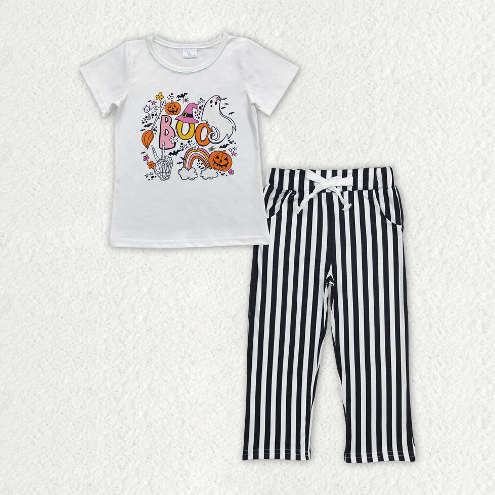 RTS no moq GT0291+P0588 boo rainbow pumpkin white short-sleeved top black and white striped pants sets