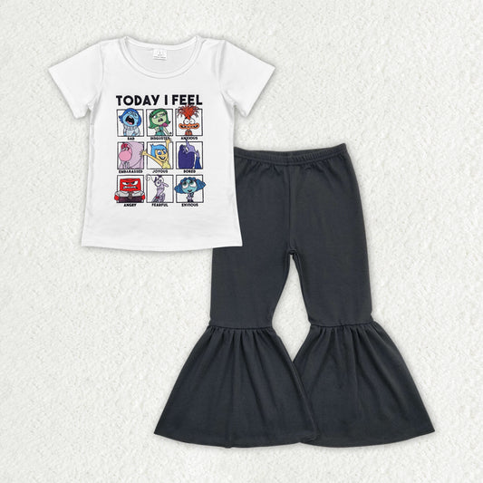 RTS no moq GT0674+P0422 today i feel cartoon white short sleeve top Black flared pants sets