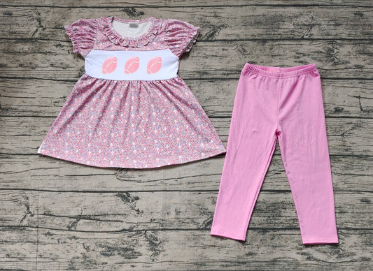 NO MOQ sales GSPO1714 pre-order baby girls clothes embroidery rugby floral pink short sleeve pants sets