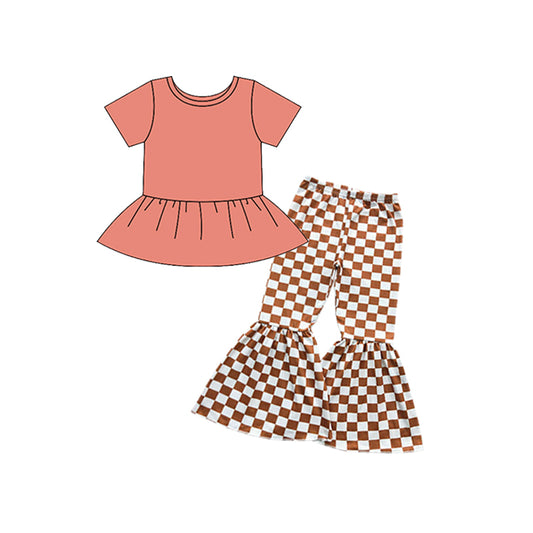 NO MOQ sales GSPO1716 pre-order baby girls clothes short sleeve plaid pants sets -2024.8.29