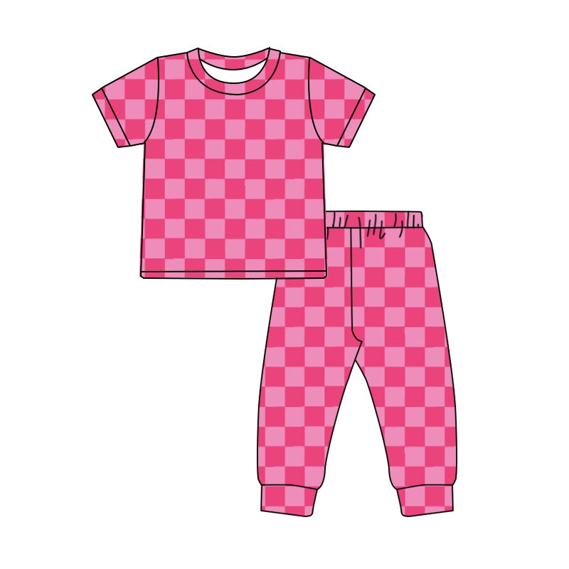 NO MOQ sales GSPO1744 Pre-order baby girls clothes pink plaid short sleeve pants sets -2024.10.9