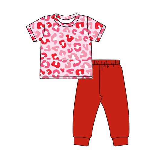 NO MOQ sales GSPO1745 Pre-order baby girls clothes pink leopard short sleeve red pants sets -2024.10.9