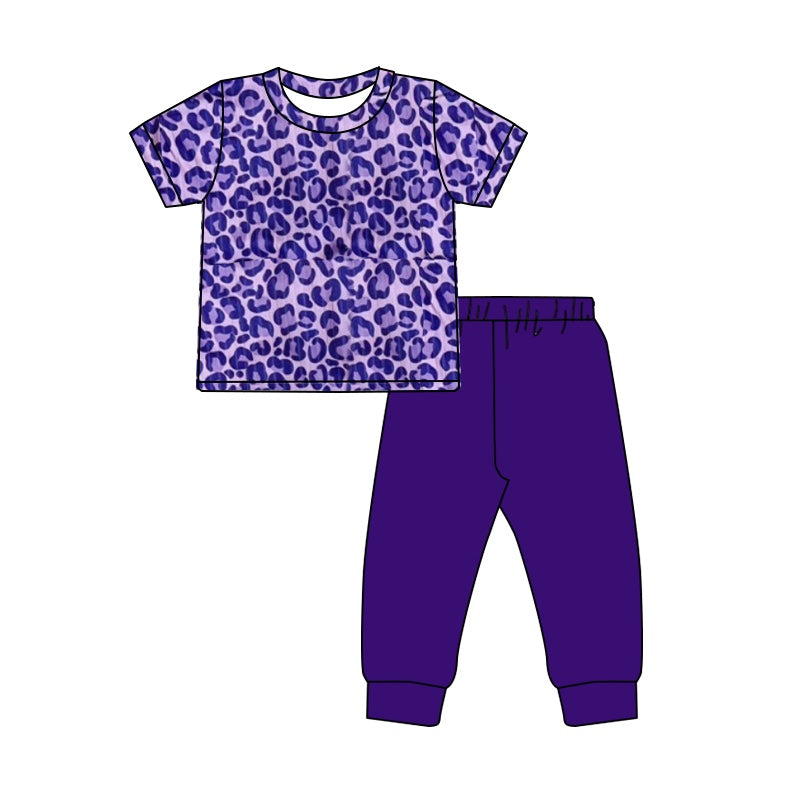 NO MOQ sales GSPO1746 Pre-order baby girls clothes purple leopard short sleeve pants sets -2024.10.9