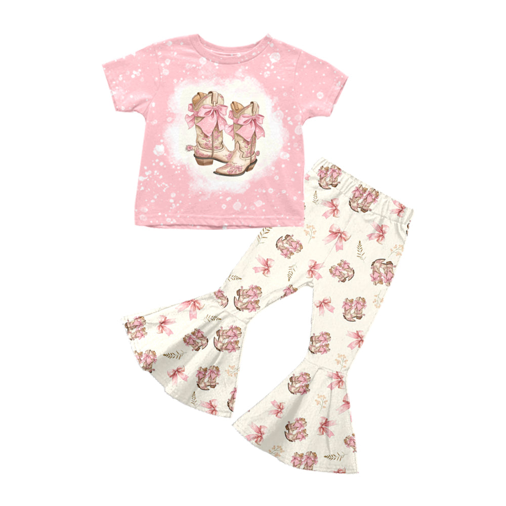 NO MOQ sales GSPO1747Pre-order baby girls clothes boots bow pink short sleeve pants sets -2024.10.9