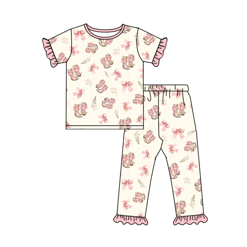 NO MOQ sales GSPO1748 Pre-order baby girls clothes boots bow pink short sleeve pants sets -2024.10.9