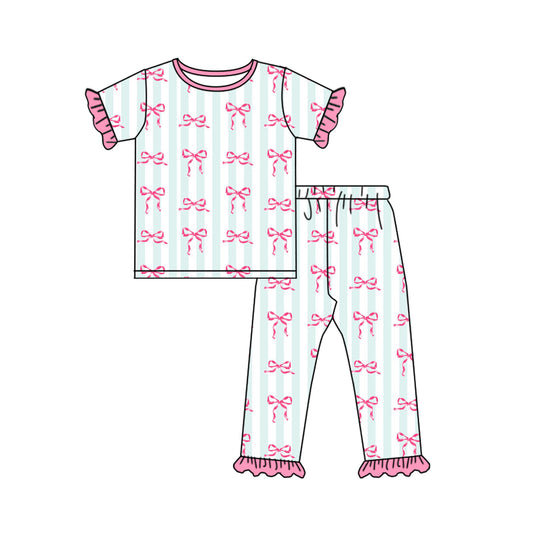 NO MOQ sales GSPO1749 Pre-order baby girls clothes bow pink short sleeve pants sets -2024.10.9