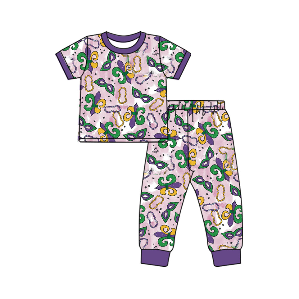 NO MOQ sales GSPO1757 Pre-order baby girls clothes MARDI GRAS short sleeve pants sets -2024.10.11