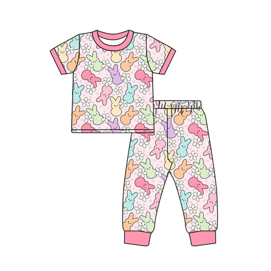 NO MOQ sales GSPO1761 Pre-order baby girls clothes easter rabbit pink short sleeve pants sets -2024.10.14