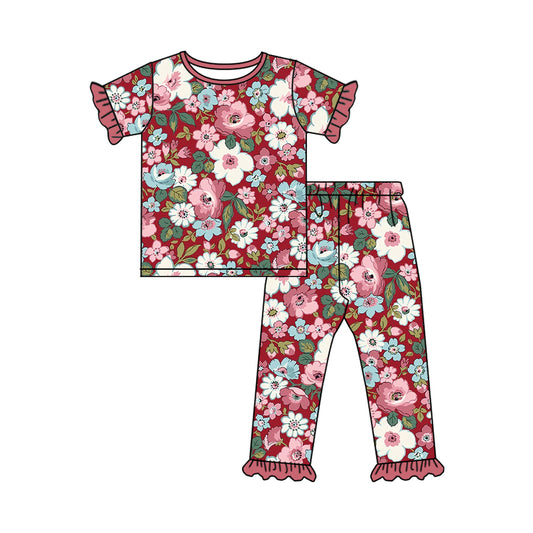 NO MOQ sales GSPO1763 Pre-order baby girls clothes floral short sleeve pants sets -2024.10.15