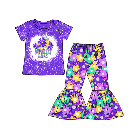 NO MOQ sales GSPO1765 Pre-order baby girls clothes MARDI GRAS purple short sleeve pants sets -2024.10.15