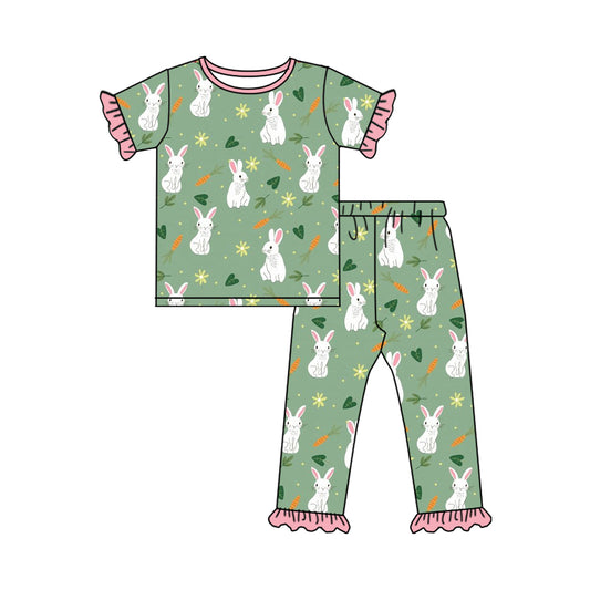 NO MOQ sales GSPO1767 Pre-order baby girls clothes rabbit green short sleeve pants sets -2024.10.15