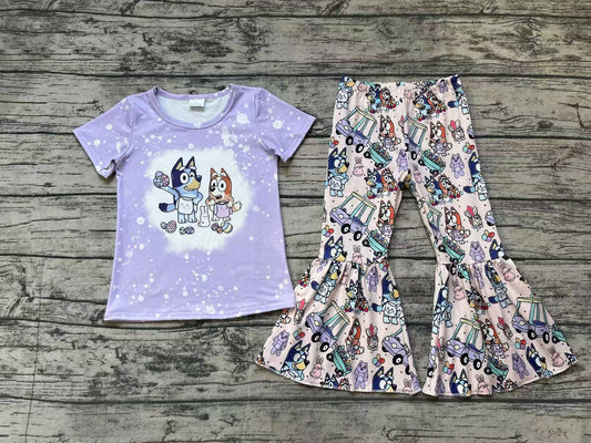 NO MOQ sales GSPO1788 Pre-order baby girls clothes cartoon dog purple short sleeve pants sets