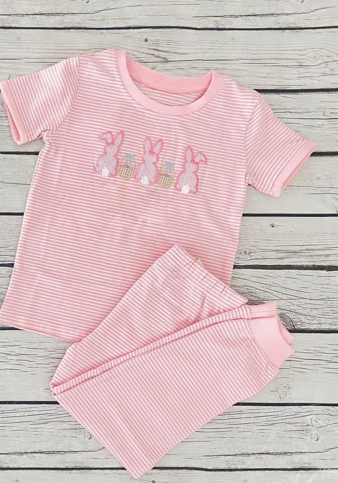 NO MOQ sales GSPO1844 Pre-order baby girl clothes easter pink short sleeve pants sets -2024.11.18