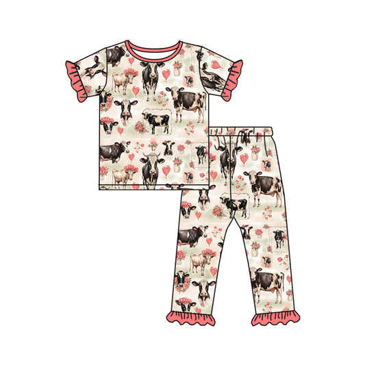 NO MOQ sales GSPO1858 Pre-order baby girl clothes cow floral short sleeve pants sets -2024.11.28