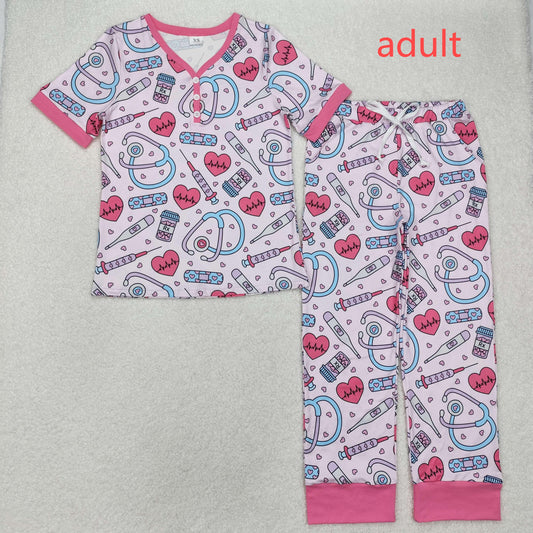 RTS NO MOQ ETA 5/7days arrived GSPO1861 Adult female heart heartbeat stethoscope pink short-sleeved long pants pajamas set