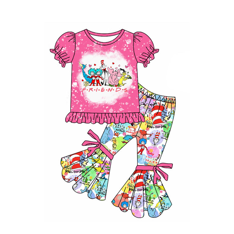 NO MOQ sales GSPO1864 Pre-order baby girl clothes FRIENDS dr seuss short sleeve pants sets -2024.11.29