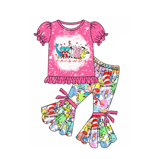 NO MOQ sales GSPO1864 Pre-order baby girl clothes FRIENDS dr seuss short sleeve pants sets -2024.11.29