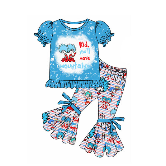 NO MOQ sales GSPO1865 Pre-order baby girl clothes KIDS LOVE dr seuss blue short sleeve pants sets -2024.11.29