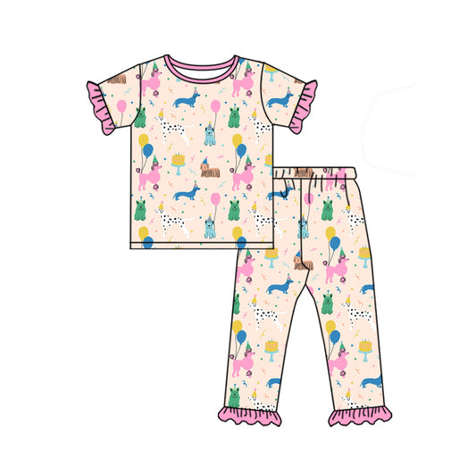 NO MOQ sales GSPO1867 Pre-order baby girls clothes HAPPY BIRTHDAY pink short sleeve pants sets -2024.11.30