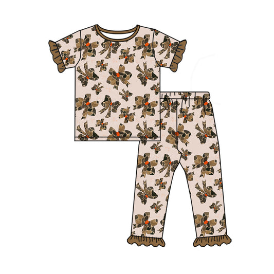 NO MOQ sales GSPO1880 Pre-order baby girls clothes camouflage bow short sleeve pants sets -2024.12.6